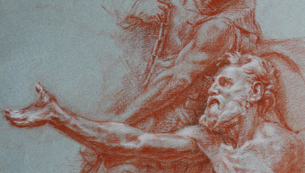 Drawing by Stuart Hamby of Diogenes extending his hand outward and upward
